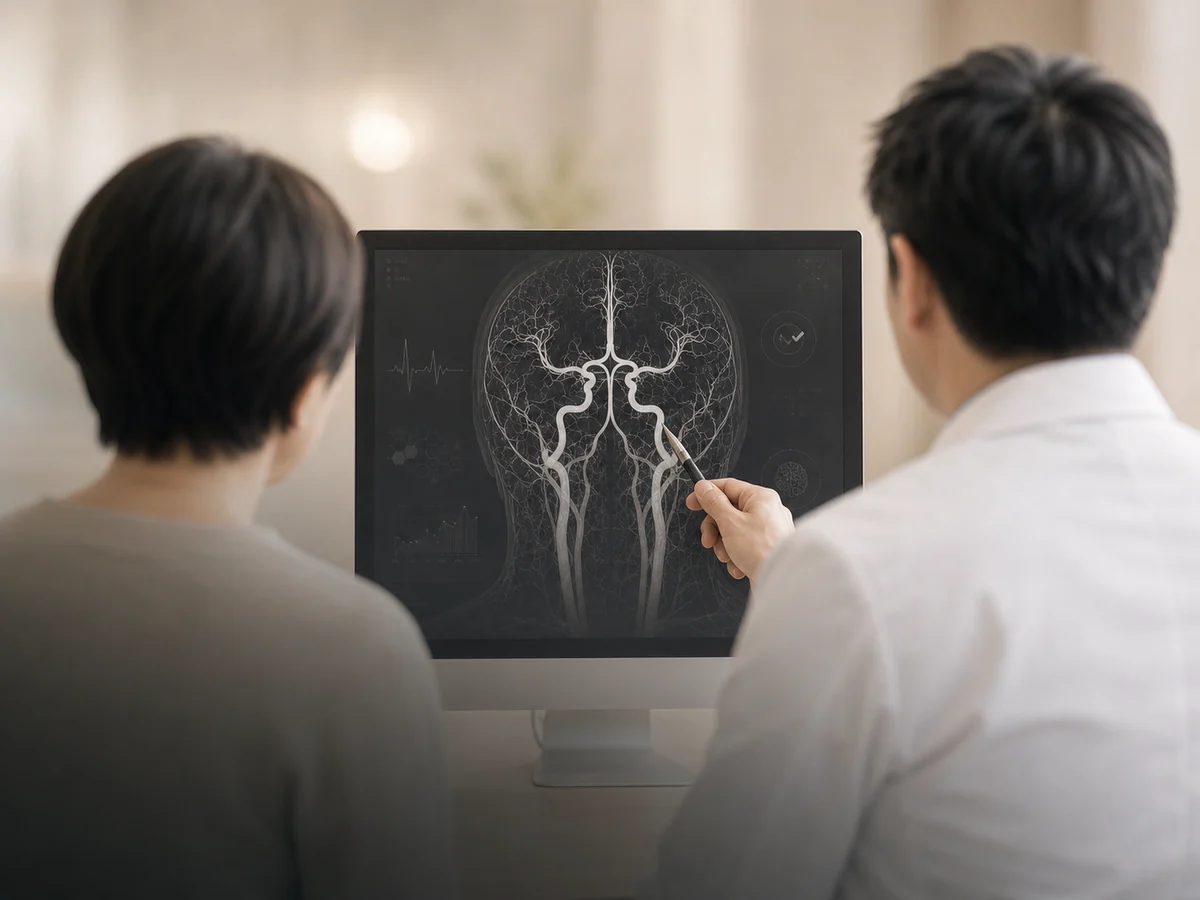 患者と医師が脳血管画像を見ながら脳卒中リスクを確認する様子