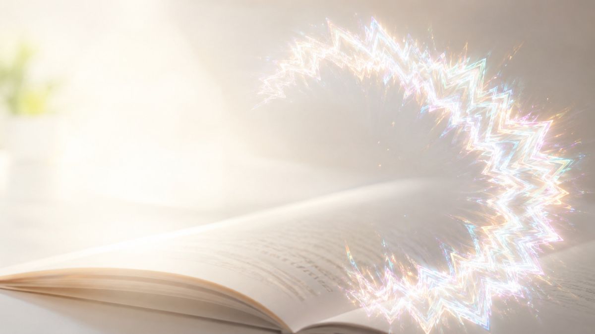 閃輝暗点の見え方のイメージ。読書中の視界右側にギザギザした光が大きく広がる様子