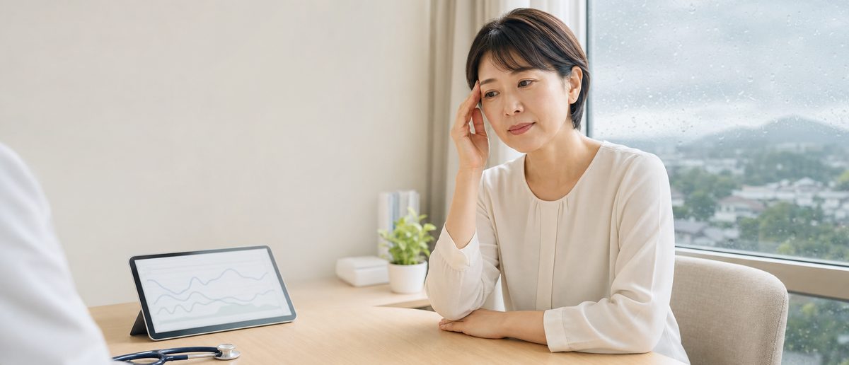 気圧変化による頭痛について、雨の日の窓辺で医師に相談している様子